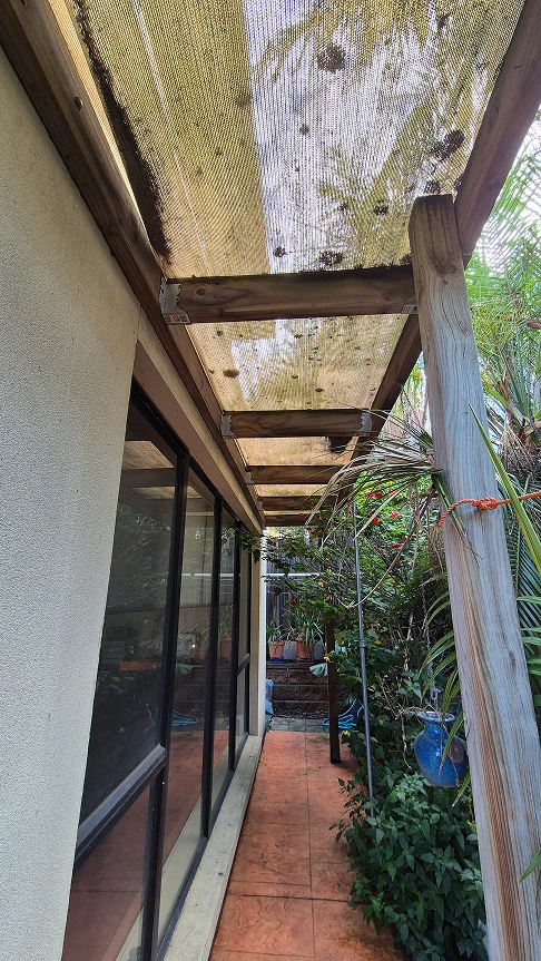 Weathered wooden pergola with clear roofing before renovation at Aberfeldie property side passage