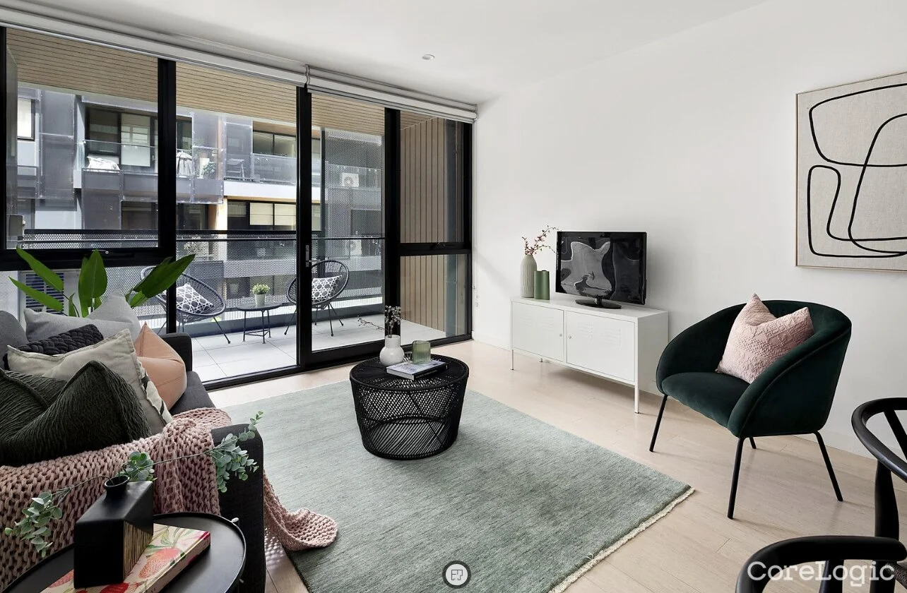 Modern apartment living room with balcony and designer furniture