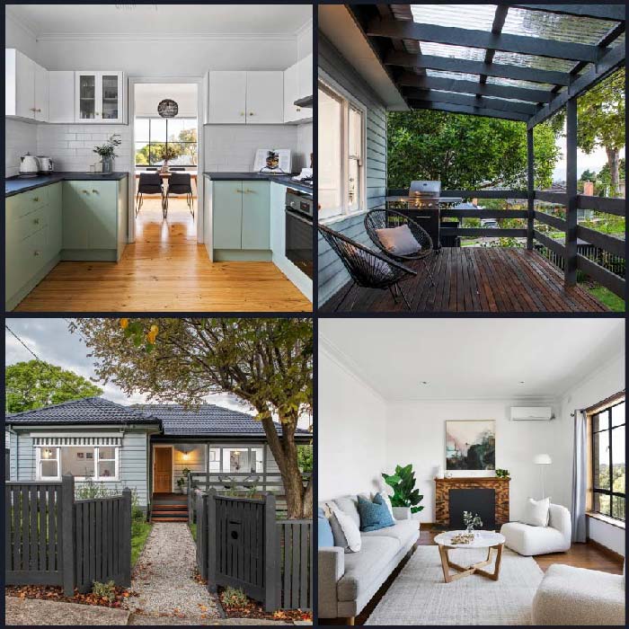 Reservoir home renovation featuring modern kitchen, outdoor deck, weatherboard exterior and contemporary living room