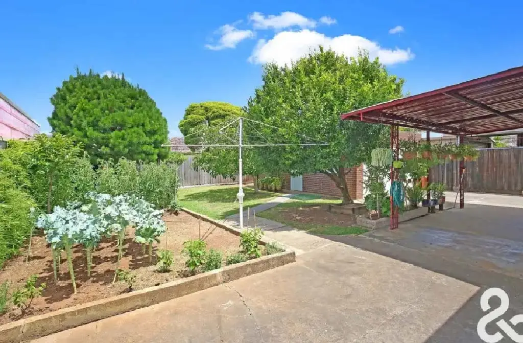 Backyard with concrete paving and vegetable garden bed